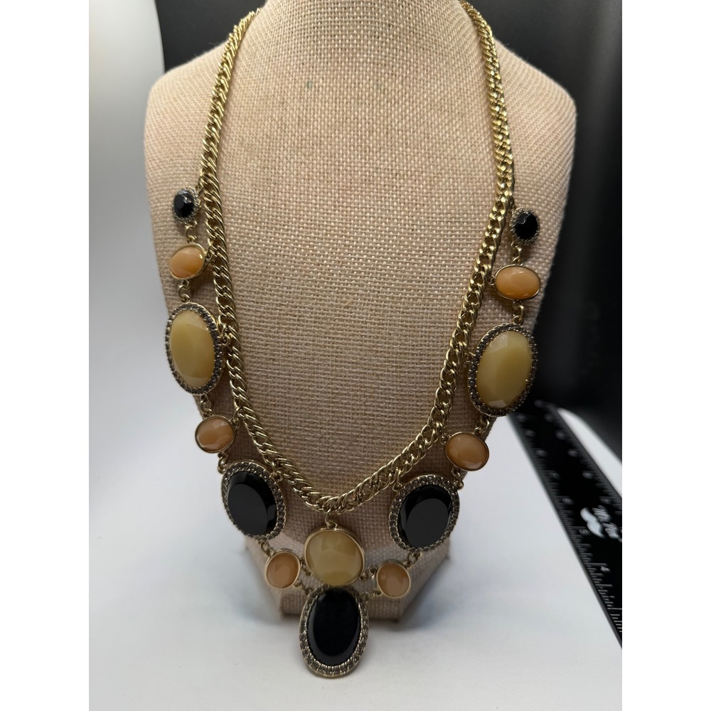 INC International Concepts Gold Tone Black Tan Stone Statement Bib Necklace